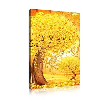 【金色の絵】金の木　絵画　風水 Amazon.co.jp: 絵画 幸運の木風水絵 黄金の木の油絵インテリア